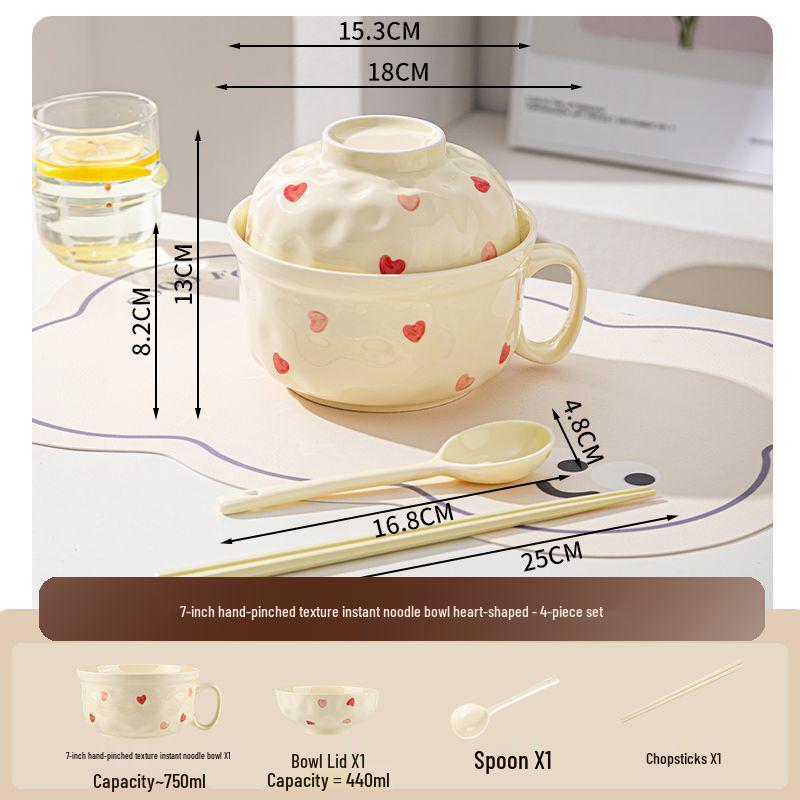 Cute Double-Handled Ceramic Bowl & Plate Set - Ideal for Instant Noodles, Soup, & More with Spoon & Chopsticks