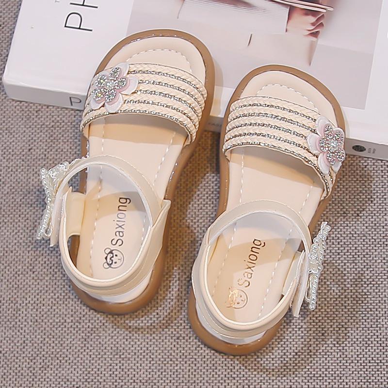 Princess 2026 Girls  Flower Pearl Bow Open-Toe Sandals - Non-Slip Summer Beach Shoes 30 бежевый