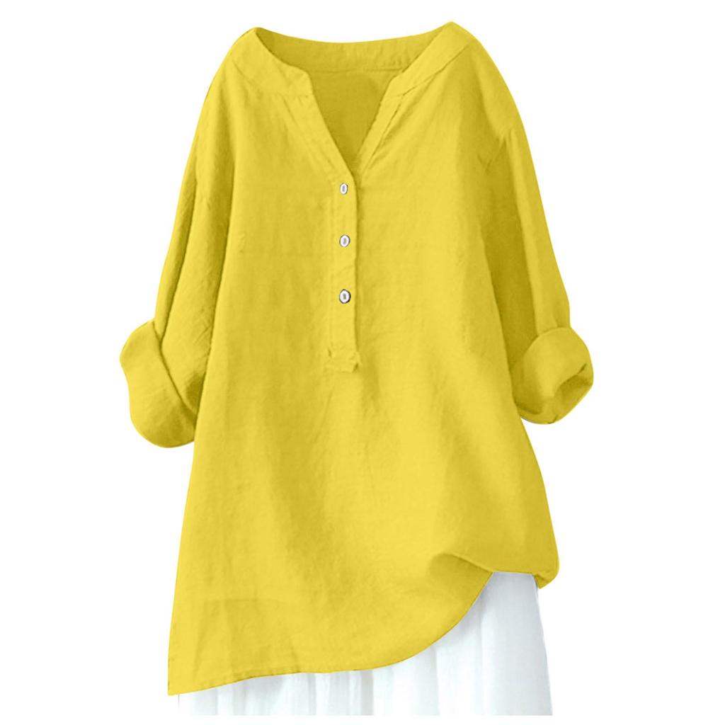 European American Loose Solid Color Stand Collar Button Long Sleeve Cotton Linen Top