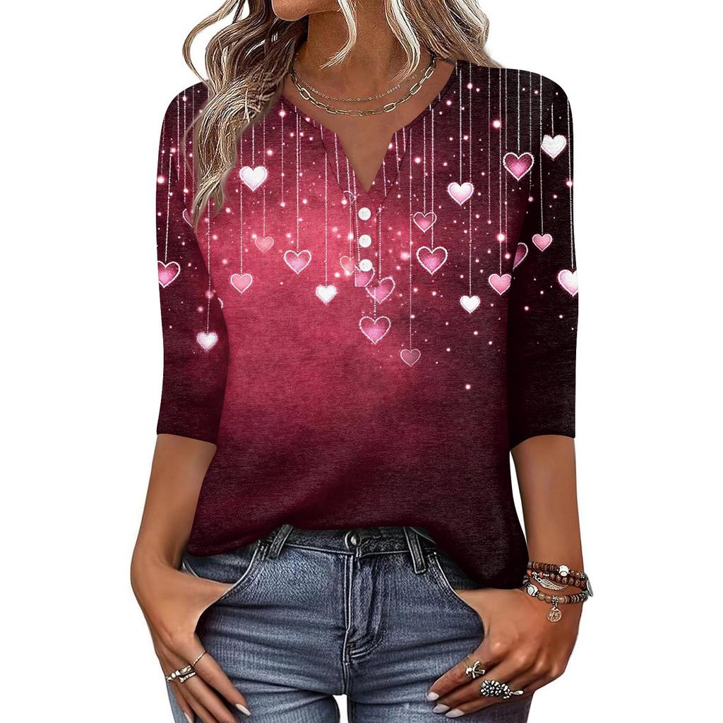 Women's T Shirt Print Button 3/4 Sleeve Daily Weekend Fashion Basic V- Neck Regular Top