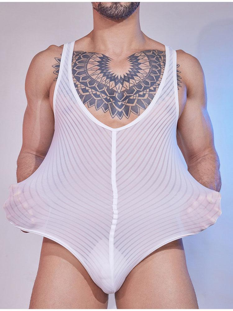 Men's Stripes Bodysuit Tops Slip Sheer See Through Tigths Sexy Allure Nightwear Onesies Nightclub Vest Tops Man Clothing Shaper