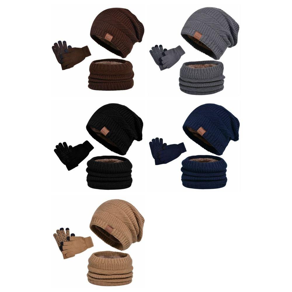 3pcs Wool Thermal Knit Cap Warm Winter Beanie Hat Fashion Hat Scarf Gloves Set  Women/men
