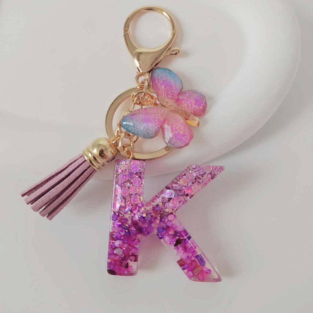 Purple Iridescent Resin Letter Keychain with Butterfly Tassel