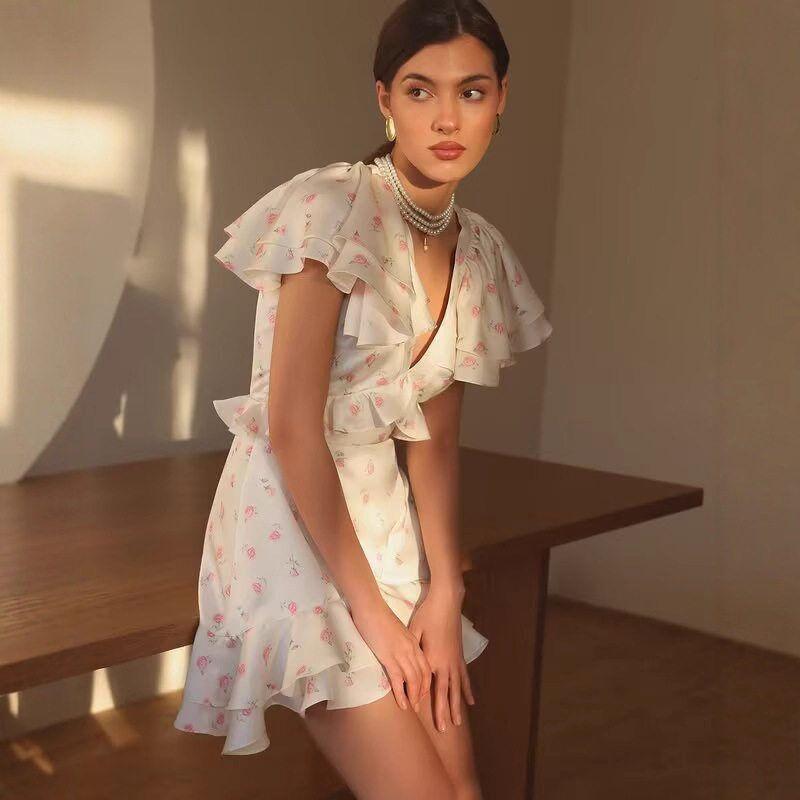 Floral Ruffled V-Neck Long Dress European and American Cross-Border 2025 Summer New Style Socialite Style V-Neck Waist-Cinching Dress