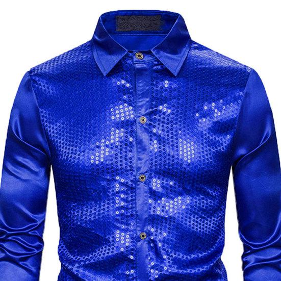 Men Shirt Club Dance Shirt Shiny Sequin Lapel Single-breasted Slim Fit Colorful Stripe Glossy Long Sleeve Performance Men Top