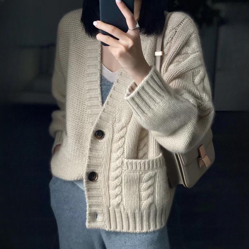 IHUASU Knitted Cardigan Women's Autumn and Winter Thickened Short Loose Bottoming Jumper Jacket