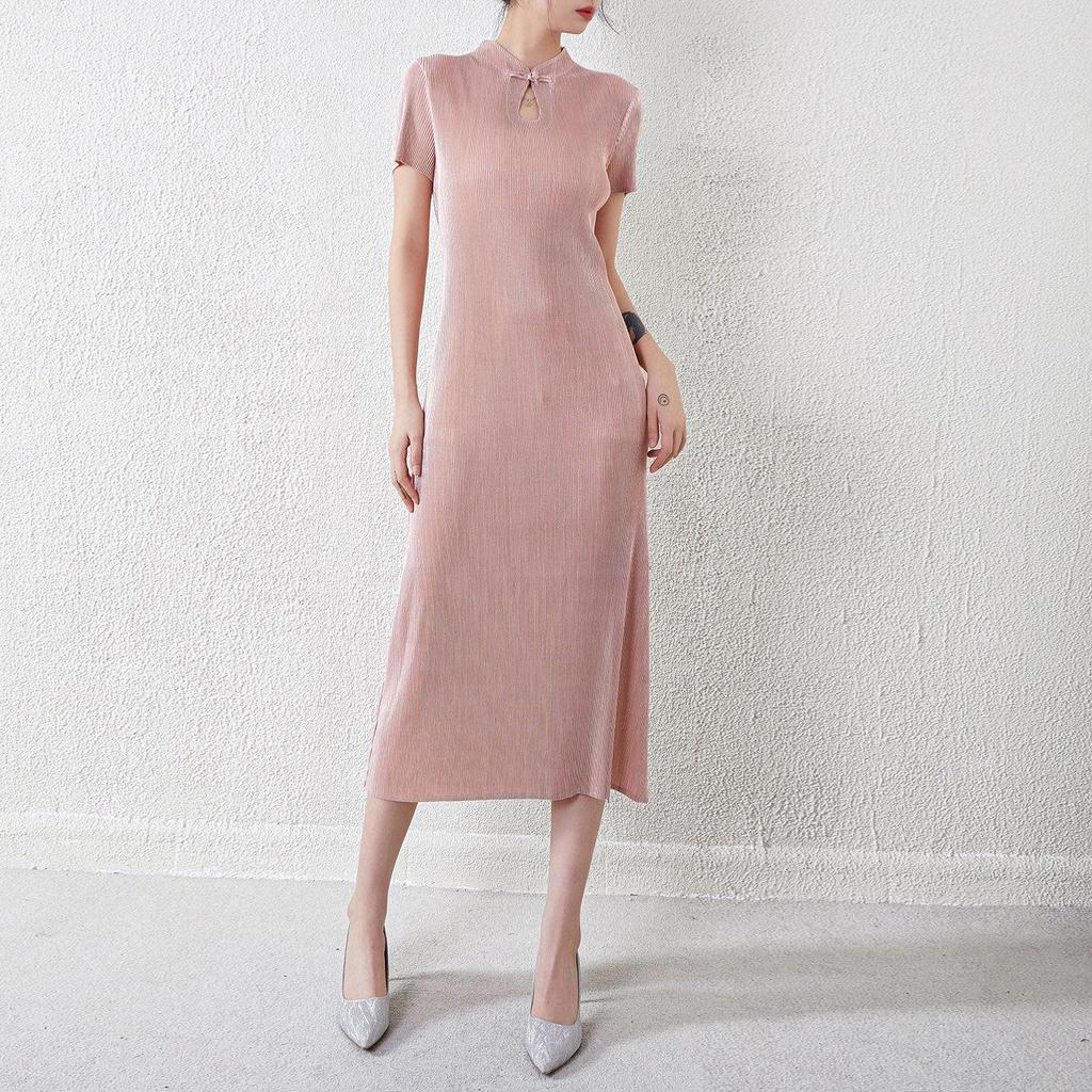 New Chinese Style Cheongsam Dress: Women's Pleated Summer A-Line, French-Inspired, Waist-Slimming Long Dress