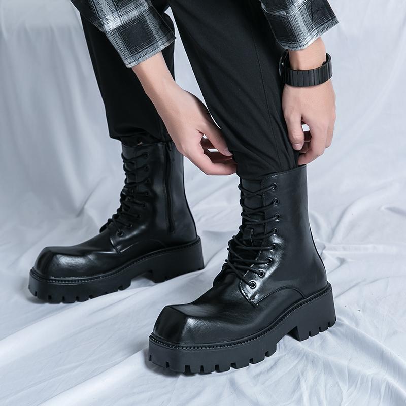 Korean Version Men's Classic Thick Soled Non Slip Comfortable High Top Boots Autumn Lace Up Business Casual Leather Boot