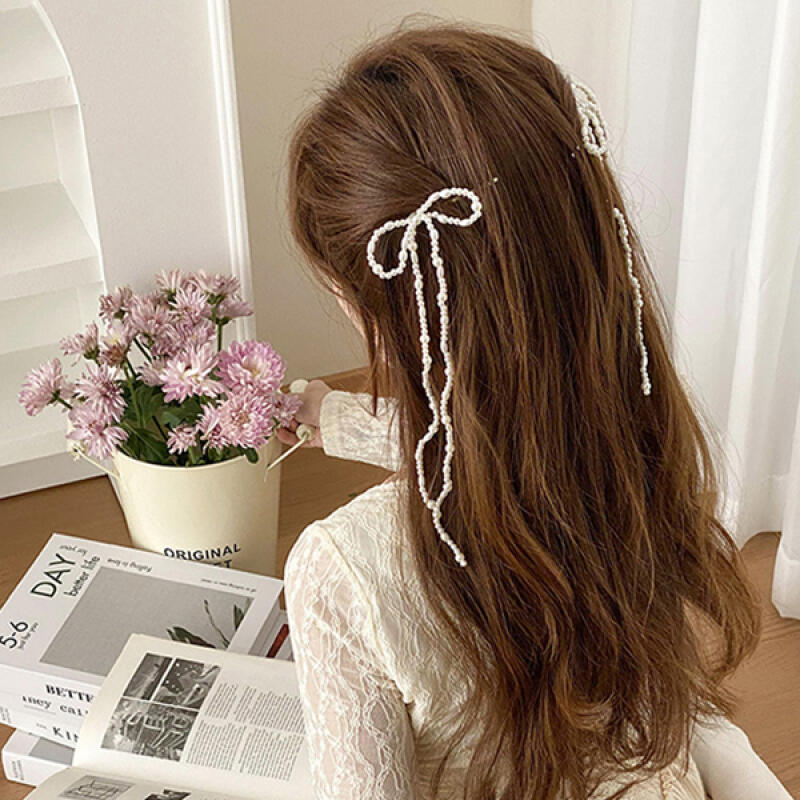Eribi Bead Ribbon Hair Clip Clip Point Pin white