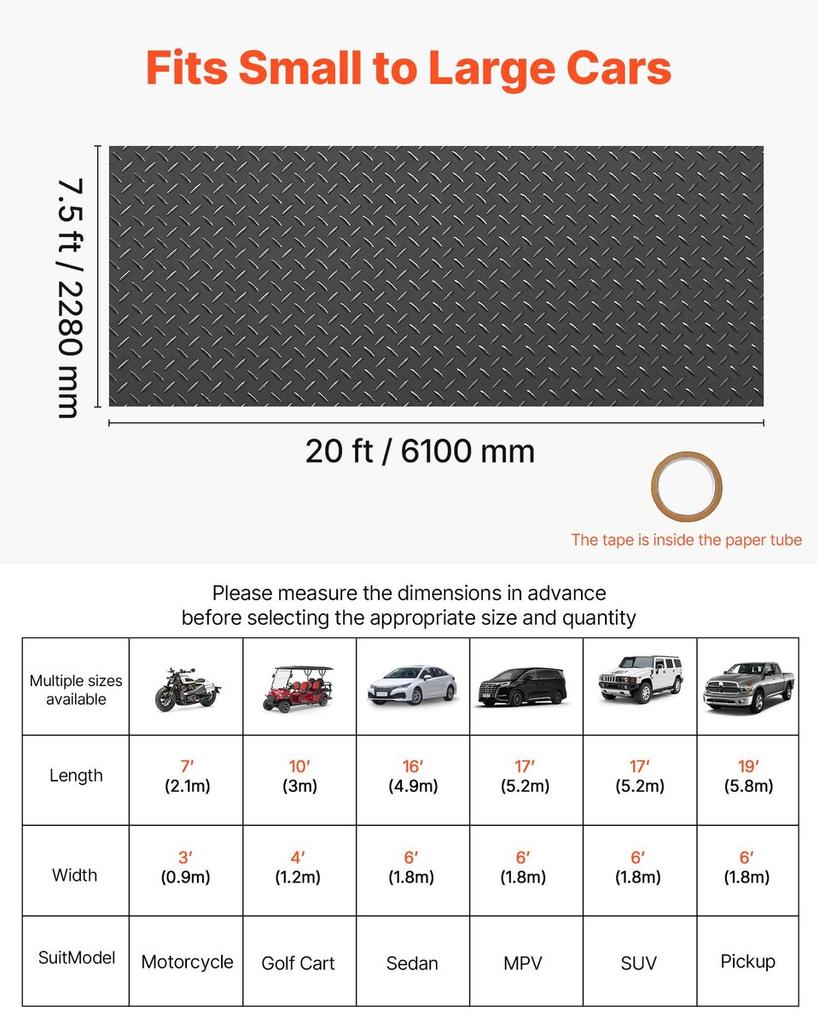 Garage Floor Roll, 2.28 x 6.1 m Garage Flooring Mat, 2.2 mm Thickened PVC Diamond Plate Floor Protector Mat with Double-sided Tape, Non-Slip, Easy to