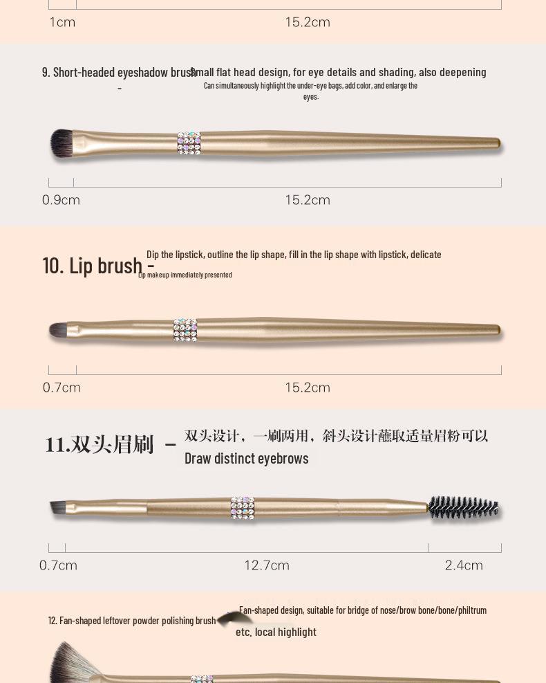 Set di 12 Pennelli da Trucco Color Oro Champagne con Setole Morbide per Ombretto, Cipria, Fondotinta e Correttore.