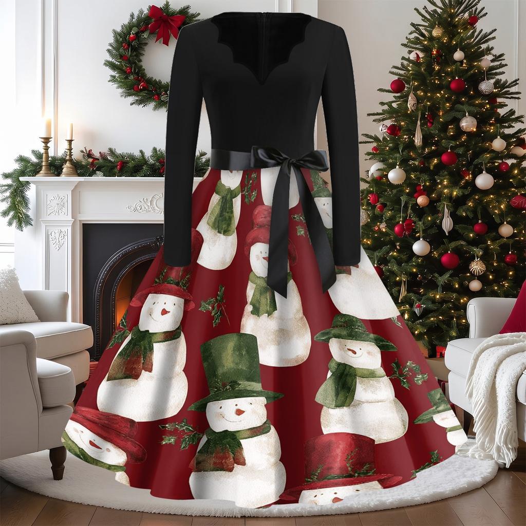 Women's Vintage V-Neck Long Sleeve Christmas Print Casual Dress