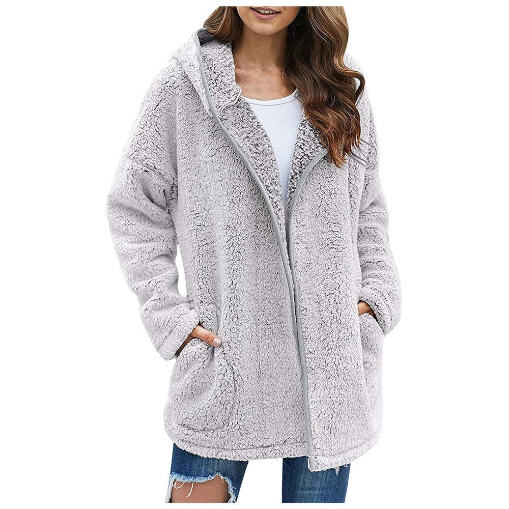 Autumn and Winter Casual Solid Colour Lapel Hooded Long-sleeved Women Plush Sweater Fleece Jacket