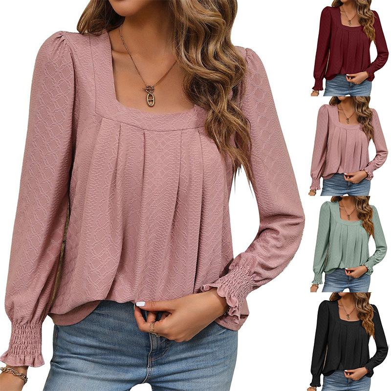 

Женская мода, весенне-осенний топ с квадратным вырезом и оборками на рукавах, сплошной цвет, приталенные рубашки с длинными рукавами, женская блузка