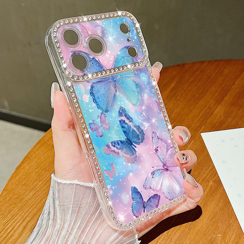 Diamond Case For iPhone 17 Pro Max Crystal Butterfly Print Clear TPU Silicone Soft Cover For iPhone 16 Pro Max 15 14 13 11