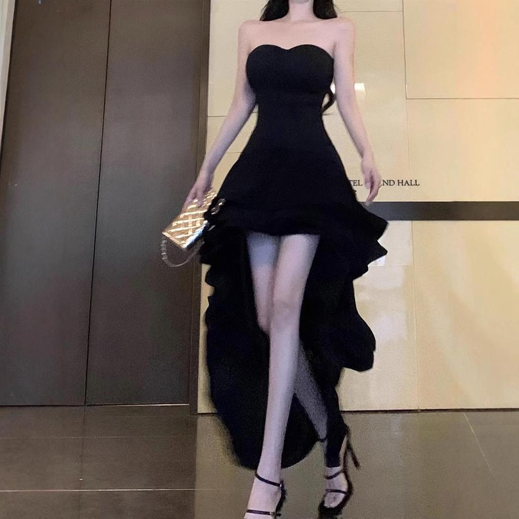Women's Strapless Ruffle Dress: Summer Seaside Vacation with Irregular Swallowtail Hem