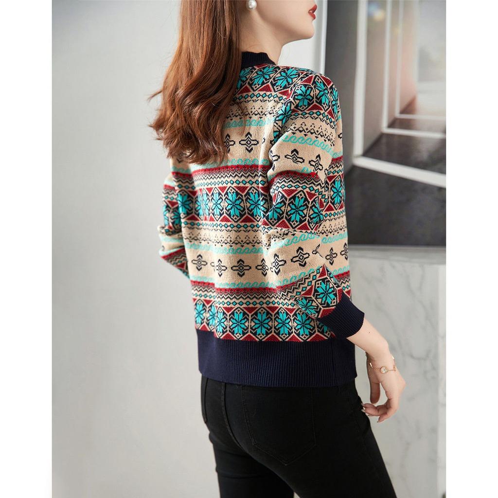 Autumn and Winter Knitted Bottoming Shirt Casual Versatile New Women's Pullover Fashion Temperament Retro Jacquard Loose Tide