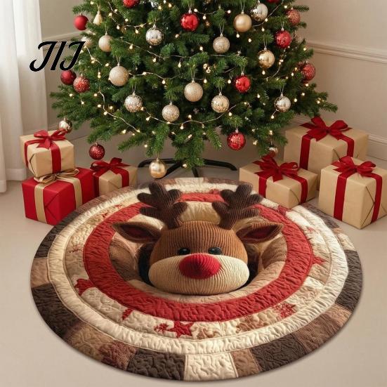 Skin Friendly Velvet Rug Christmas Round Rug, 3D Illusion Mat, Holiday Winter Carpet, Soft Gnome Deer Cozy Indoor Floor Covering Santa House