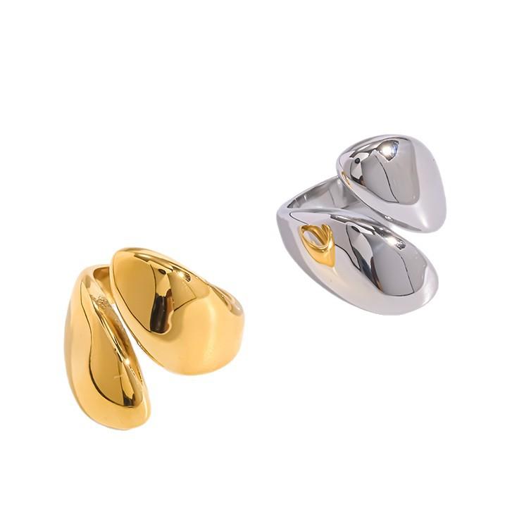 European and American light luxury minimalist stainless steel plated 18k gold glossy water drop open ring ring women's waterproof jewelry