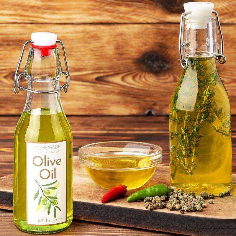 Swing Top Glass Bottles for Olive Oil Homemade 8 Oz Clear Flip Top Bottles with Airtight Lids Labels for Storing Homemade Oil