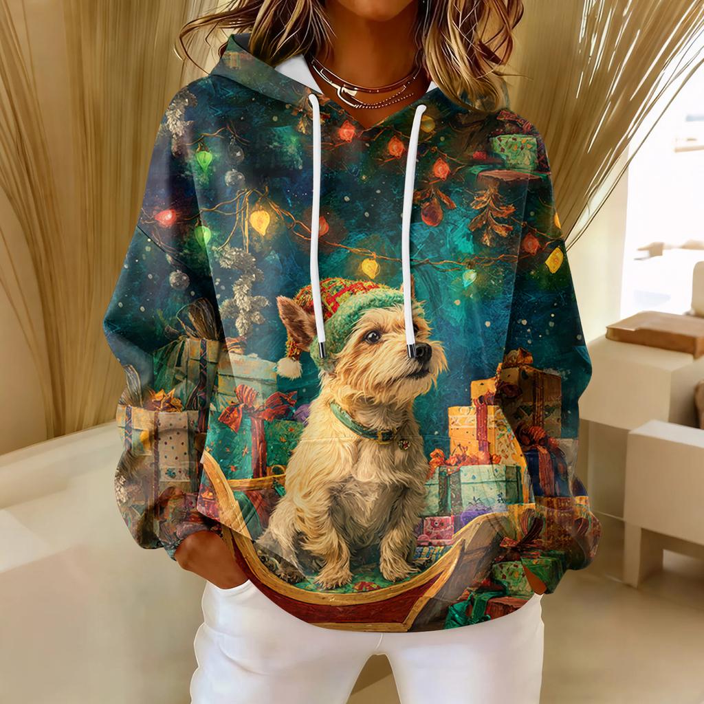 Women's Loose Comfortable Casual Fashion V-Neck Christmas Print Long Sleeve Hoodie