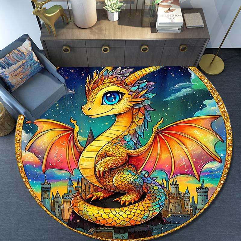 Fantasy Dragon Castle Round Area Rug,Carpet Rug for Living Room Bedroom Sofa Playroom Decor,Non-slip Floor Mat