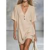 Summer Women's Loose V-Neck Short Sleeve Button Cotton Linen Dress, Casual European American Style Fashion Dress
