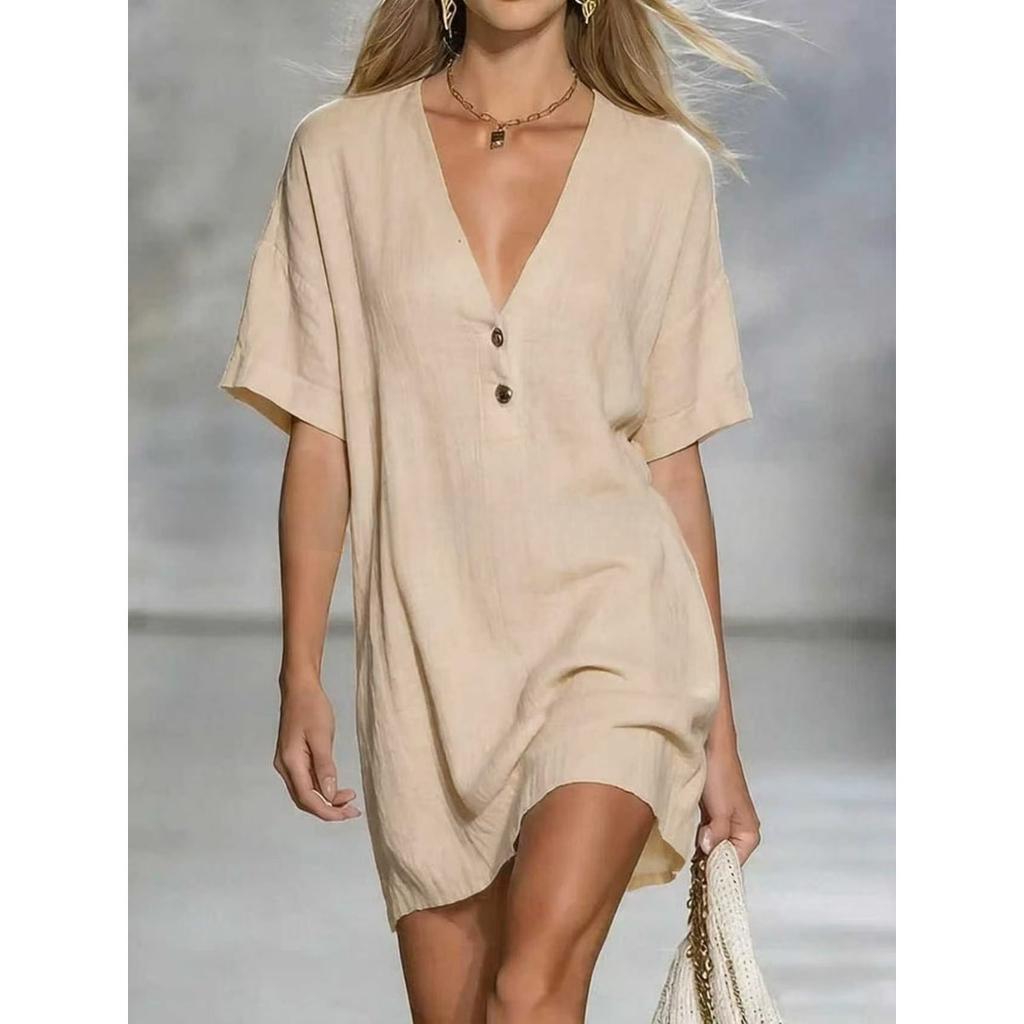 Summer Women's Loose V-Neck Short Sleeve Button Cotton Linen Dress, Casual European American Style Fashion Dress