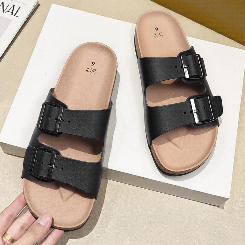 Fashion British Style Men Cork Slippers Fashion Casual Leather Outdoor Antiskid Sandals Summer Comfort Soft Bottom Flat Designer Shoes