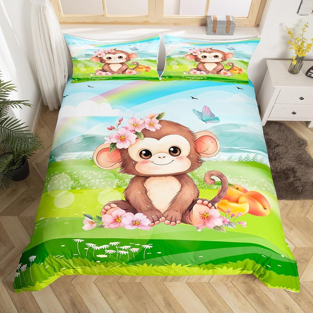 Cute Monkey Bedding Set Full Twin Cartoon Banana Stars Duvet Cover Tropical Wild Animal Fruit Comforter Cover Yellow Quilt Cover