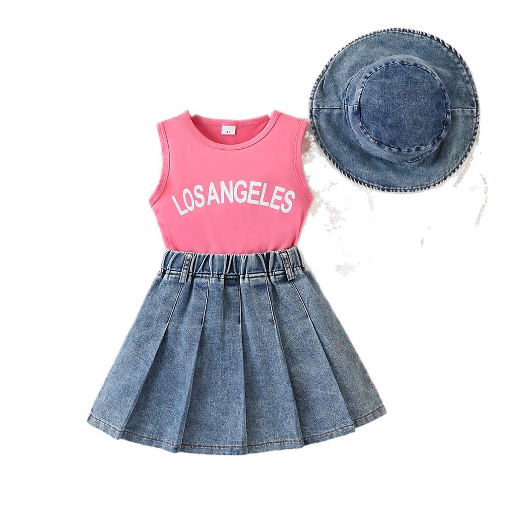 Girls' Fashion Three-Piece Summer Children's Sweet Princess Top + Jeans + Cowboy Hat Set