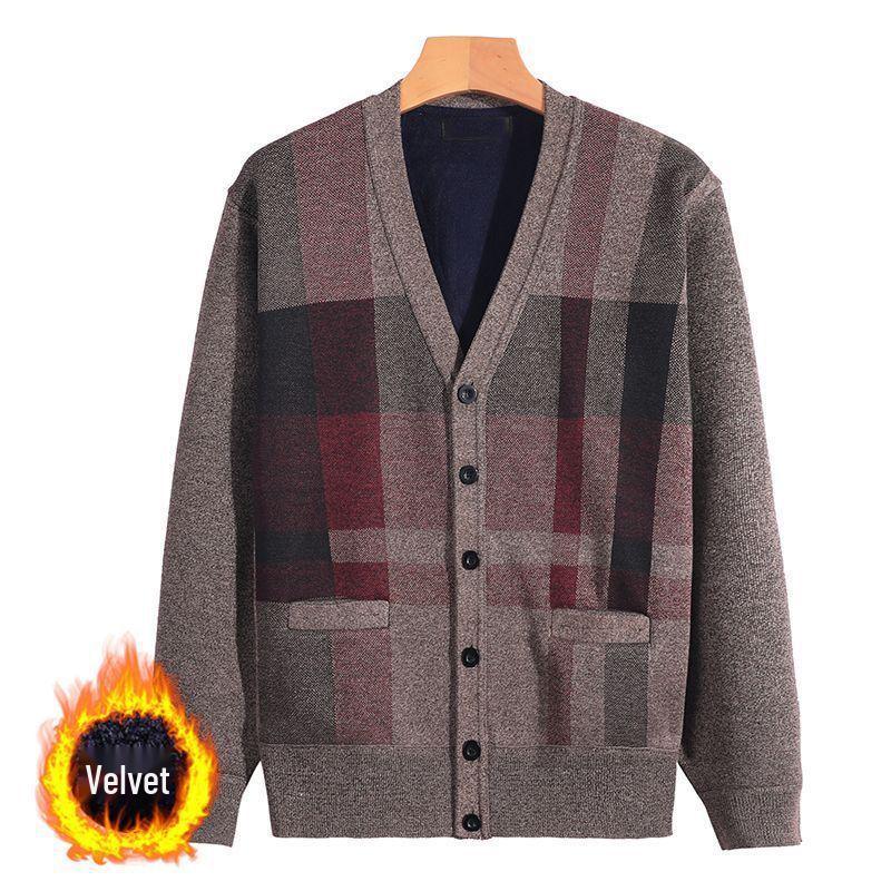Men's V-Neck Thick Fleece Cardigan: Warm Knitwear for Dad and Grandpa