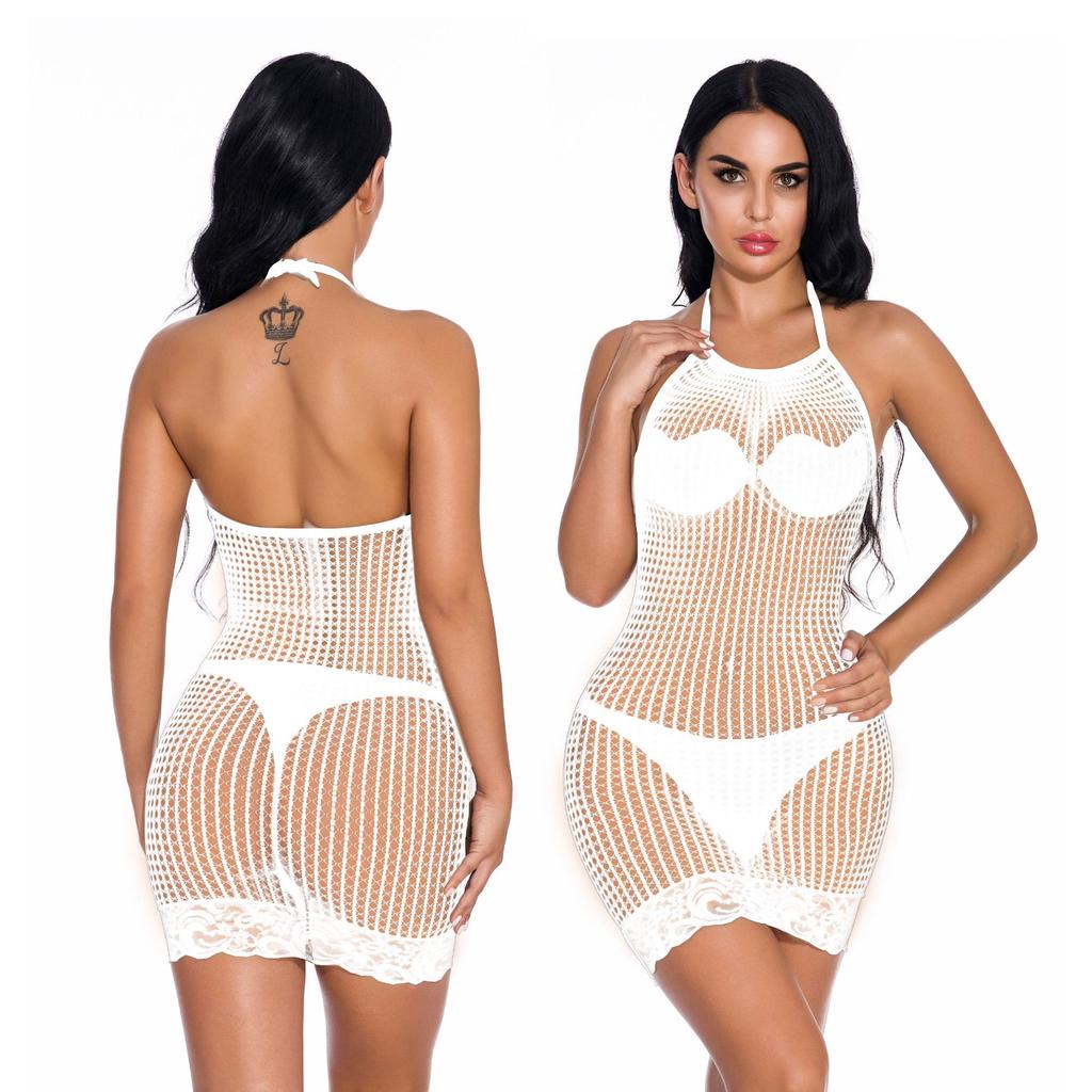 Erotic Fishnet Lingerie Dress Women Sexy Backless Hollow Teddy Baby Doll Dress Cosplay Costumes Black Halter Porno Underwear