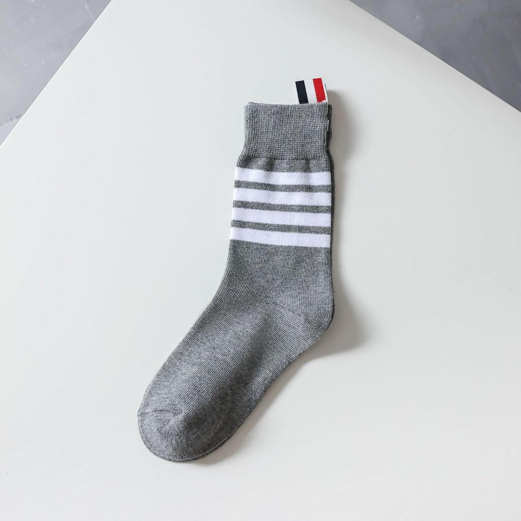 TB Four-Bar Grey Mid-Calf Cotton Women's Japanese Trendy Spring/Summer College Style Socks