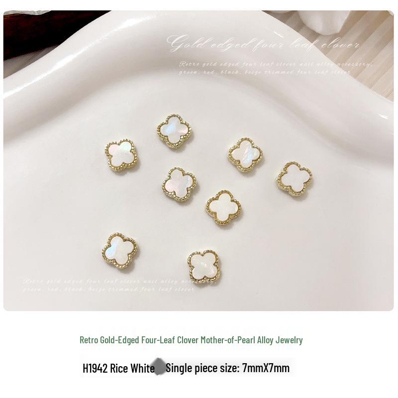 3D Four-Leaf Clover Emerald & White Mother-of-Pearl Rhinestone Nail Art Accessories
