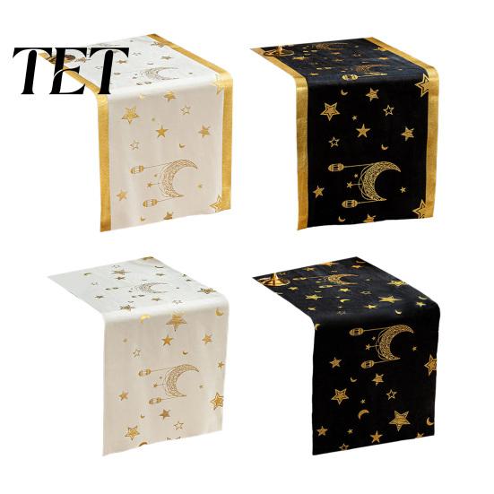 Elegant Velvet Table Runner Eid Mubarak Runner, Ramadan Gold Moon Stars Tablecloth, Islamic Happy Luxury Dining Linen Holiday Rectangular Cloth