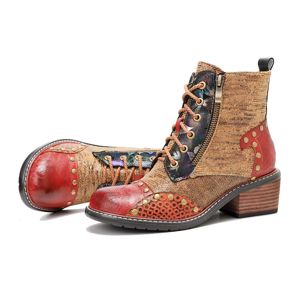 Johnature Echtes Leder Schuhe Damen Stiefel Runde Zehen Retro Handgemacht Reißverschluss Freizeit Nähen Prägnante Knöchel Plateaustiefel