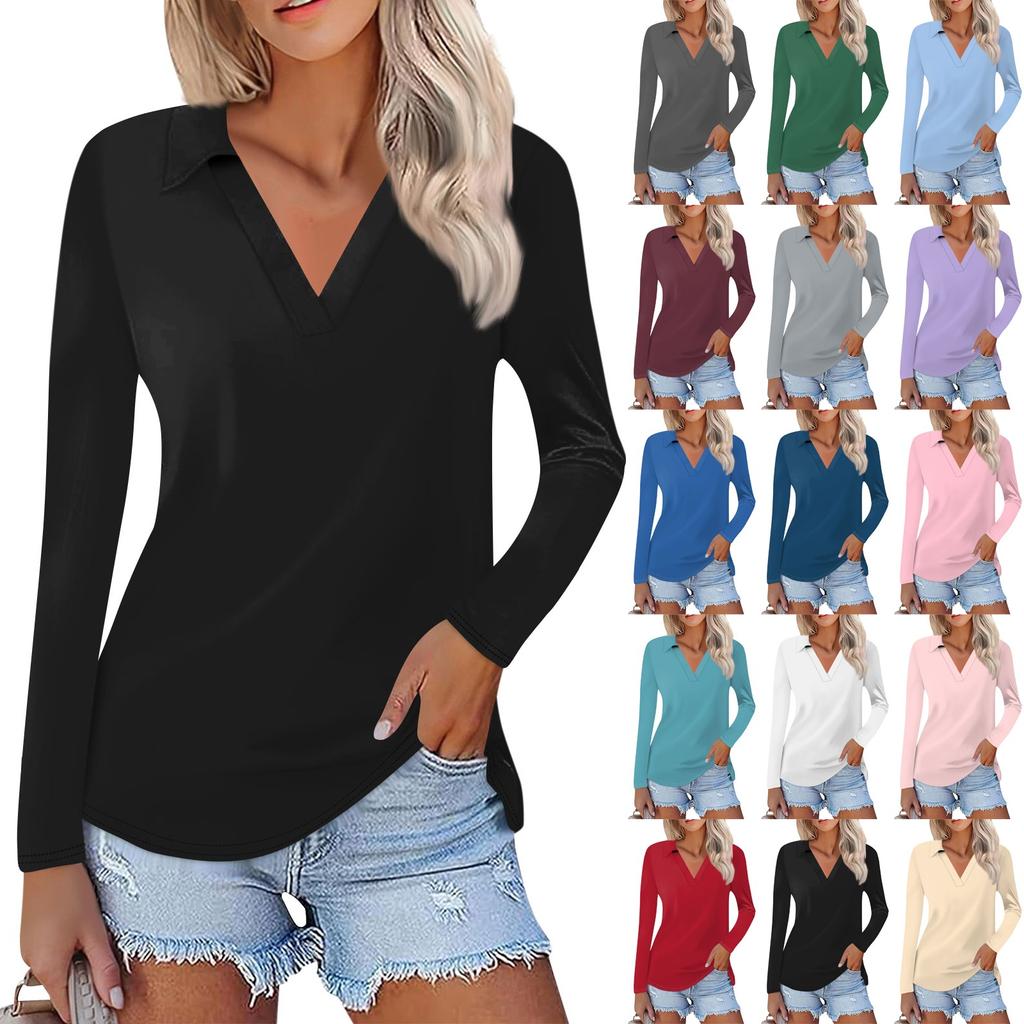 Women's Summer Fashion Casual Solid Color Printed V-Neck Long Sleeve Shirt Top
