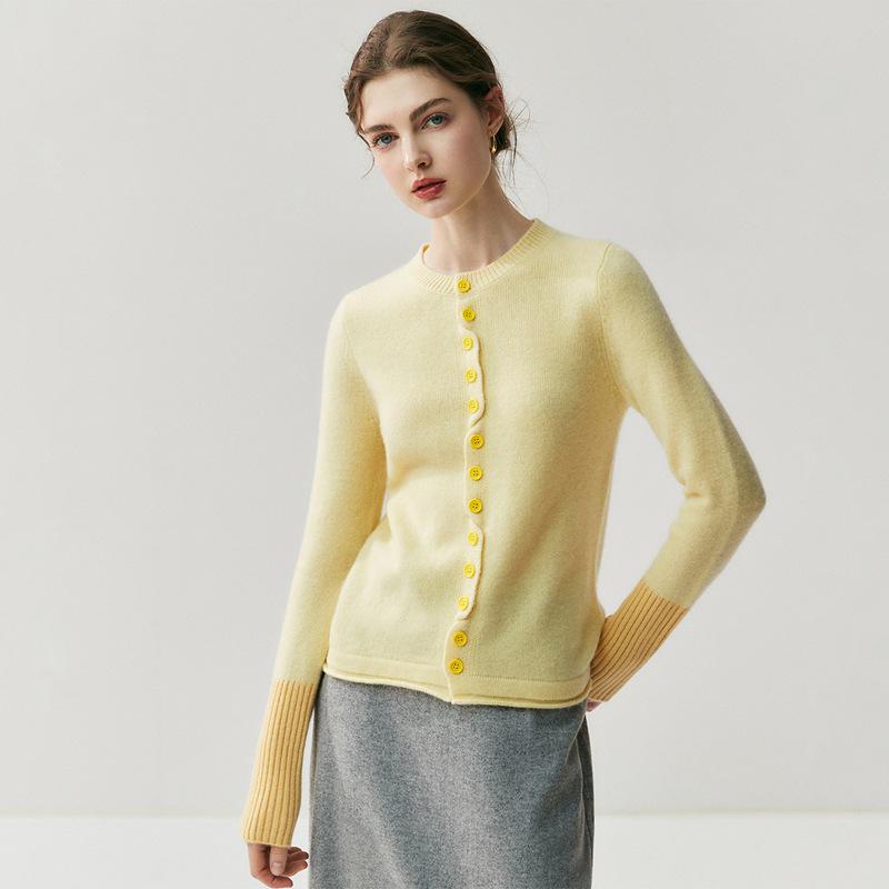 Women's Contrast Color Cashmere Cardigan - Round Neck, Ribbed Cuffs, Autumn/Winter Style