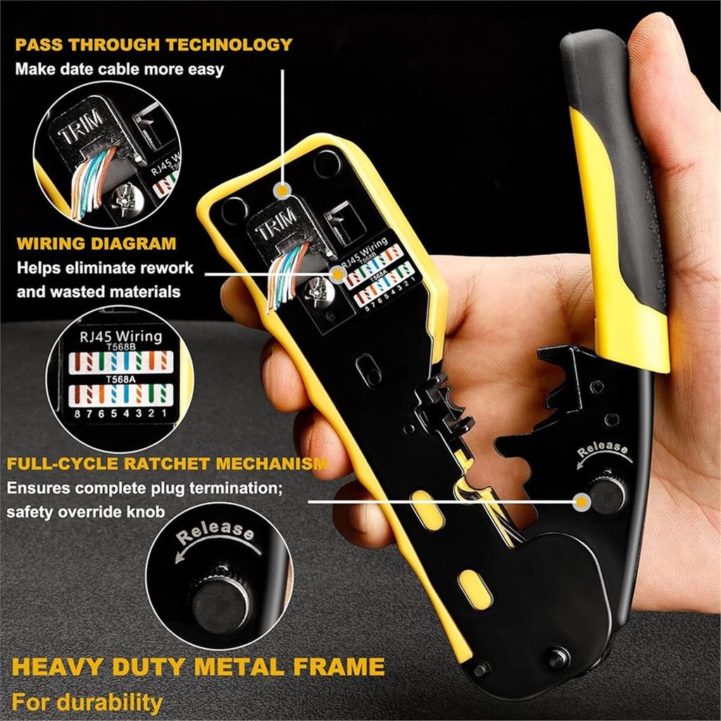 RJ45 Crimp Tool Through Grade Ethernet Crimper Ratcheting Modular Data Cable Crimper for Cat5 Cat6 Cat6a Network Plugs