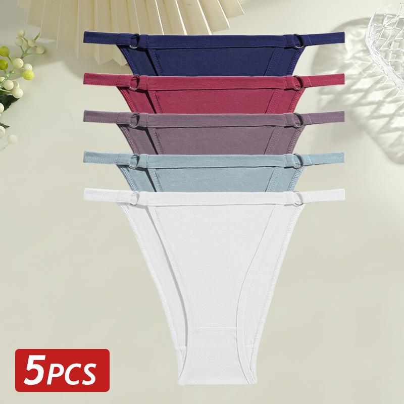 5PCS/Set Women Cotton Briefs Sexy Low Rise Panties Metal Ring Hollow Breathable Underwear Solid Color Comfortable Lingerie M-2XL