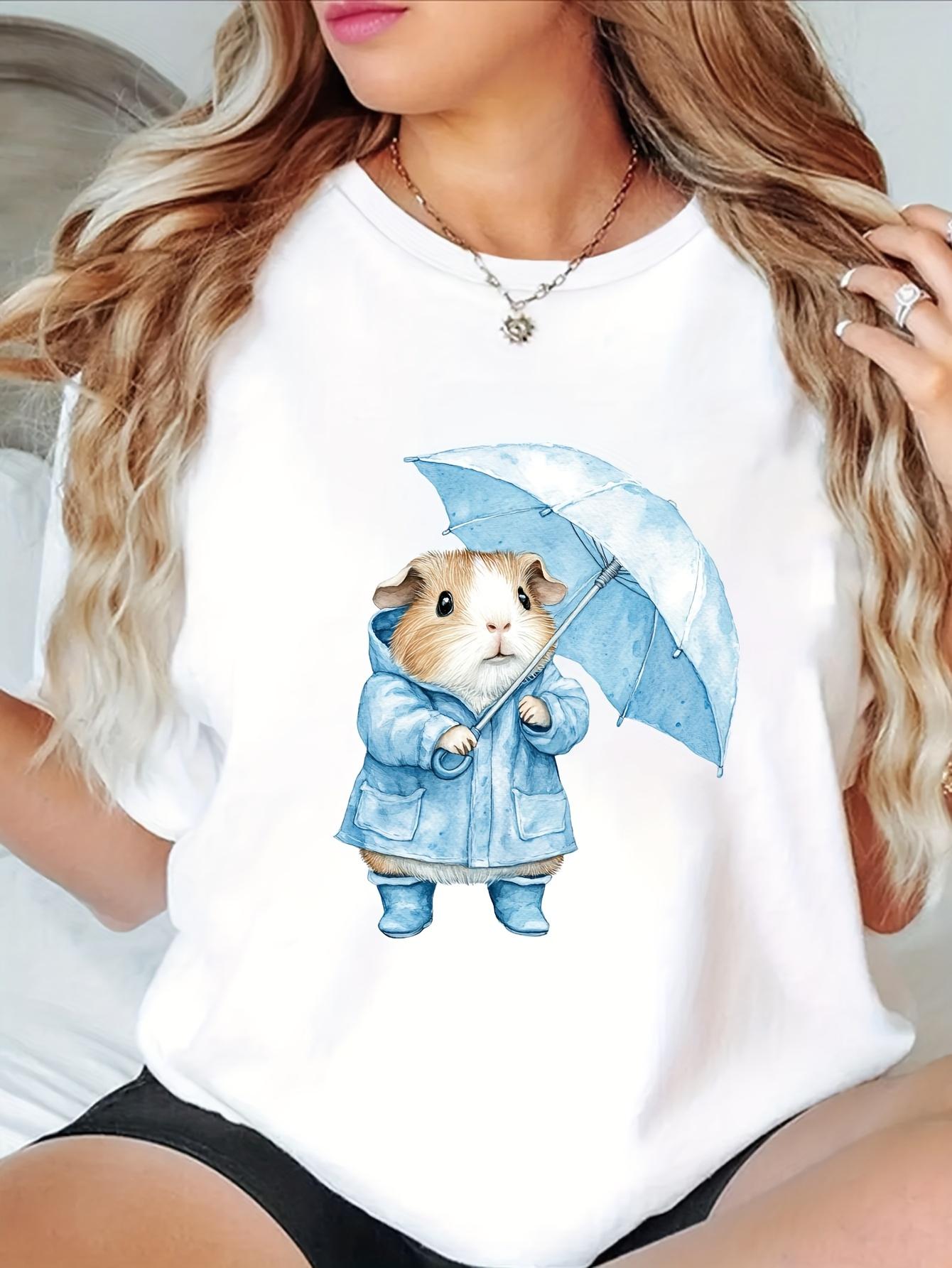 

Womens Cute Guinea Pig with Umbrella Design Graphic Printe TShirt Short Sleeve Crew Neck Casual Spring Summer Casual Wear S