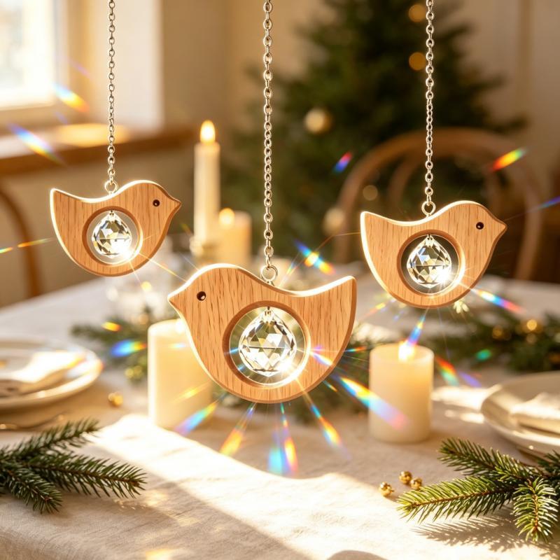 1/3Pcs Rustic Wooden Bird Sun Catcher Prism Rainbow Window Hanging Suncatcher For Garden Home Decor Bird Lover Gift
