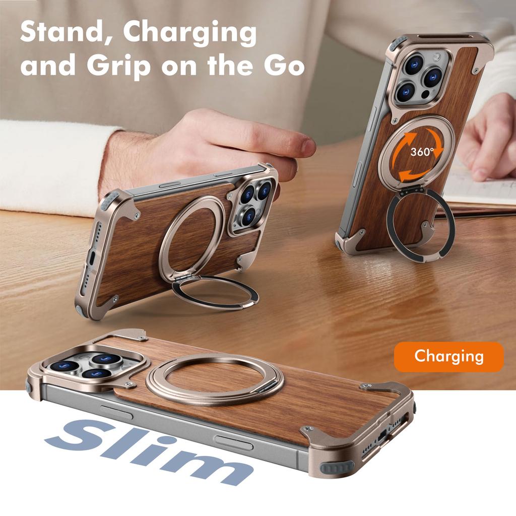 Eary Solid Wood Phone Case for iPhone 17 16 15 14 Pro Max for Magsafe 360° Rotatable Stand Magnetic Shockproof Protective Cover