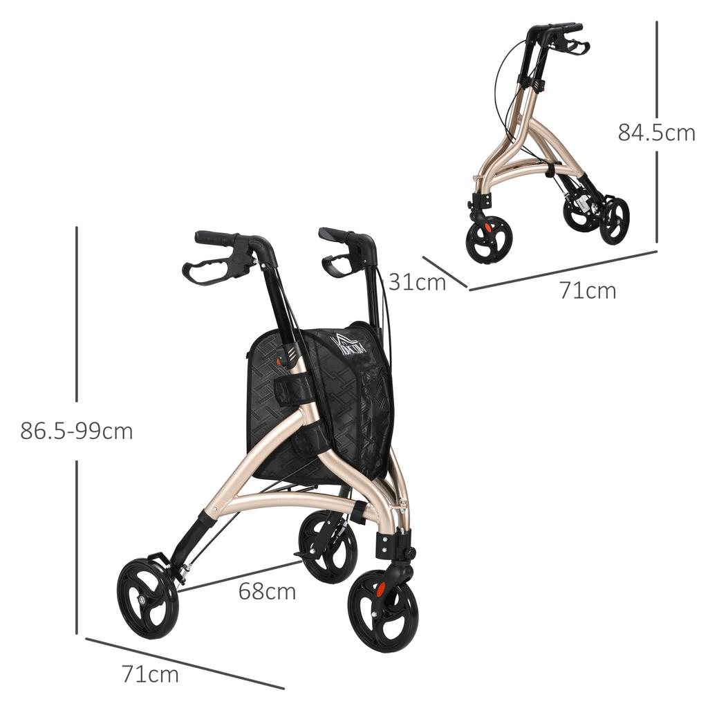 3 Wheel Rollator, Lightweight Aluminium Tri Walker with Adjustable Handle, Storage Bag and Dual Brakes, Folding Mobility Walking Aid for Elderly