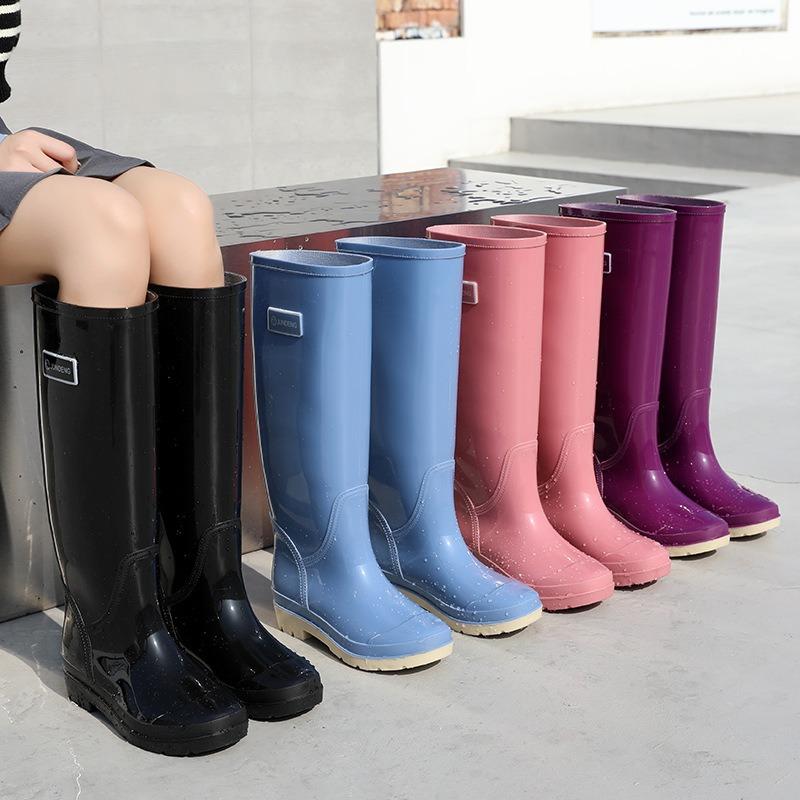 Fashion extra high rain shoes women's waterproof and non-slip water shoes fleece rain boots outdoor water boots adult rubber shoes