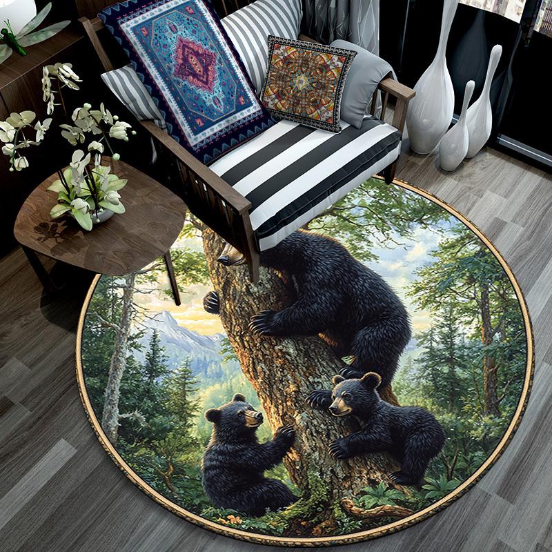 Black Bear Round Area Rug,Carpet Rug for Living Room Bedroom Sofa Playroom Decor,Non-slip Floor Mat