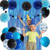 ANSOMO Blue and Black Happy Birthday Party Decorations for Boys Men Banner Balloons Navy Royal Light Blue Pom Poms Foil Curtain Décor Supplies 13th