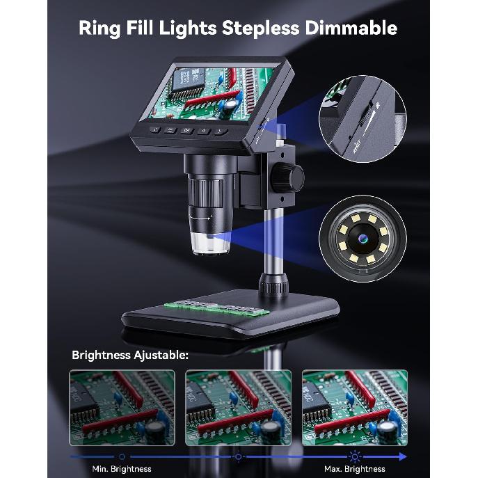 Digital Microscope 4.3" HD LCD Screen, Coin Magnifier 1-1000X Zoom, Stereo Camera with 8 Adjustable LED Lights, PC View, Compatible with MacOS
