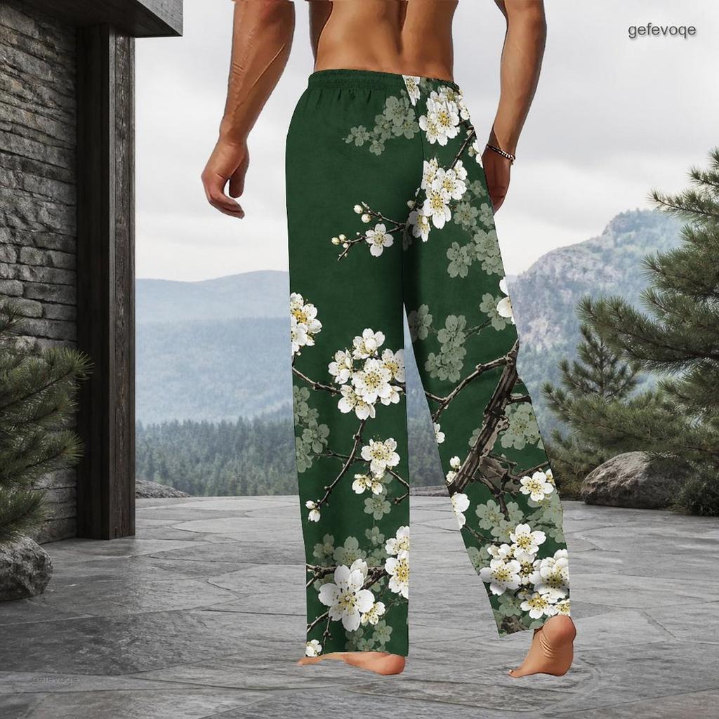 Men Plus Size Pink Cherry Blossom Printed Drawstring Waist Side Pockets Straight Leg Full Length Beach Pants